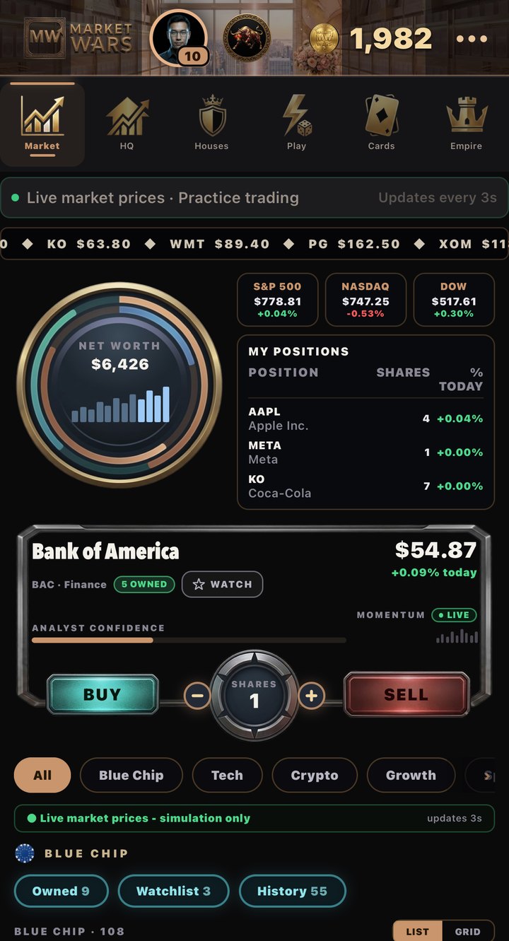The MarketWars Market screen with positions and the buy and sell controls